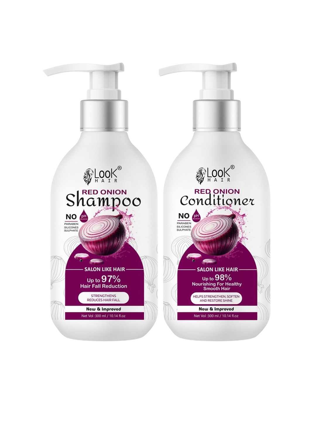 

LOOK HAIR Set Of 2 Red Onion Hair Shampoo & Conditioner - 300 ml Each, White