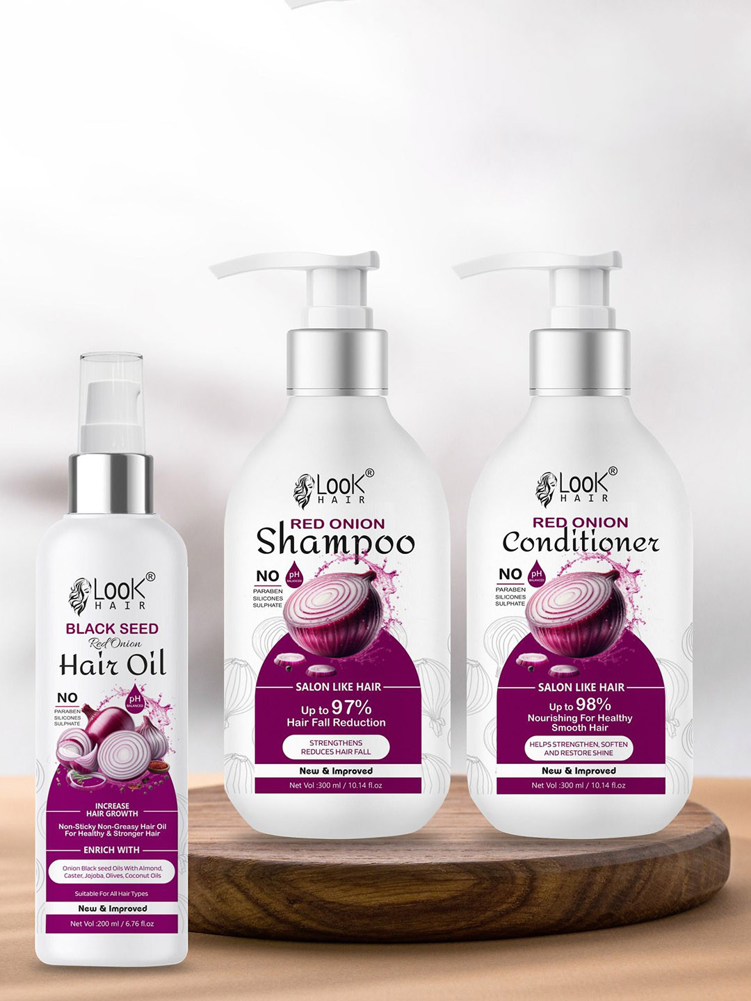 

LOOK HAIR Set Of 3 Red Onion Hair Oil -200 ml, Shampoo - 300 ml & Conditioner- 300 ml, White