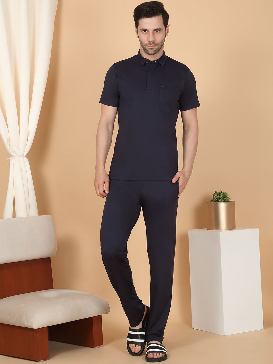 

Sweet Dreams Men Solid Night suit, Navy blue