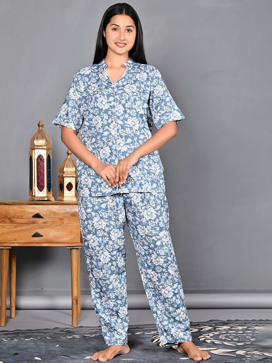 

TREND ME Women Floral Printed Pure Cotton Night suit, Blue