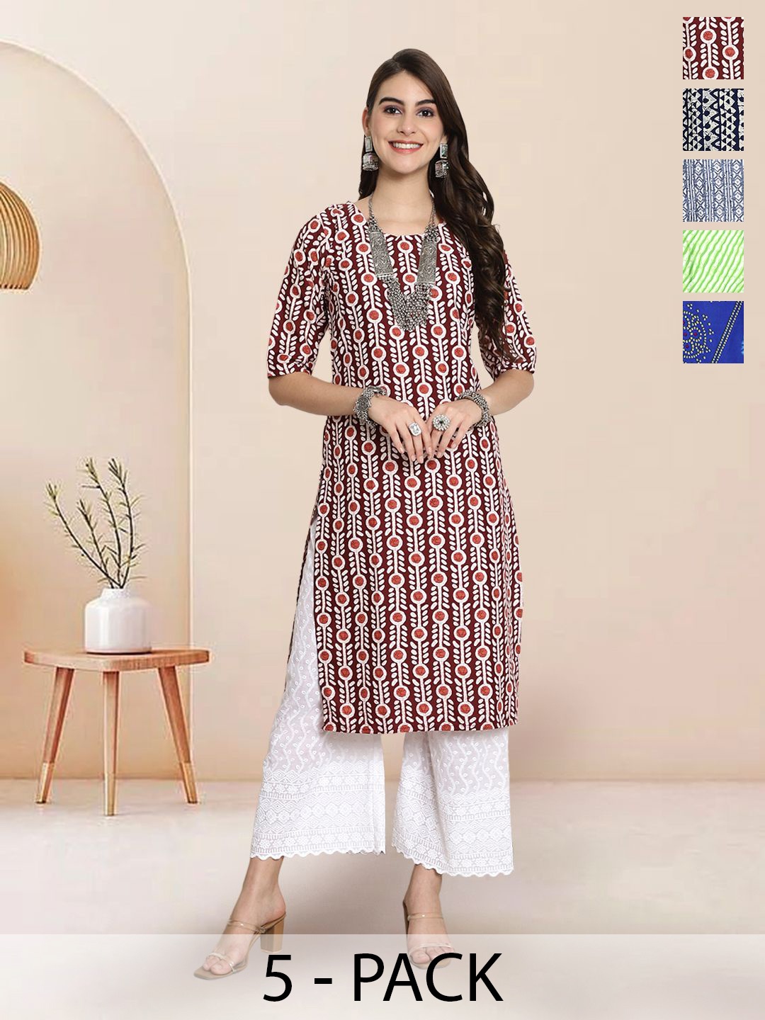 

7Threads Selection Of 5 Ethnic Motifs Printed Round Neck Straight Kurtas, Maroon