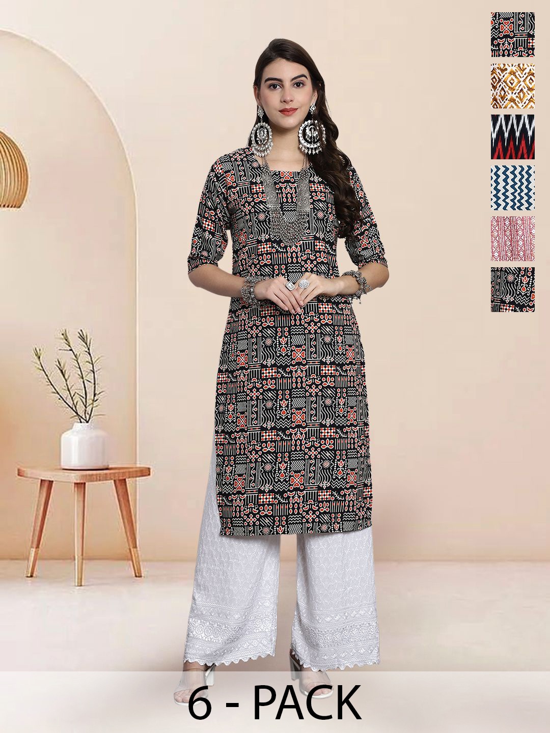 

7Threads Selection Of 6 Ethnic Motifs Printed Round Neck Straight Kurtas, Black