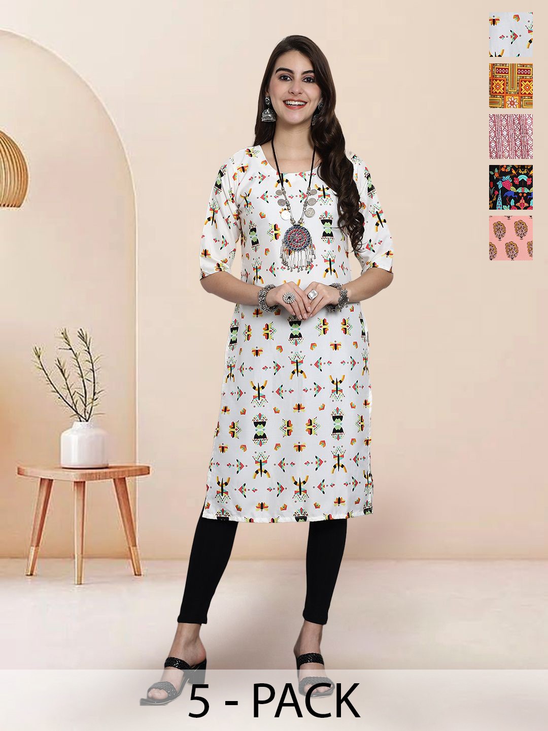 

7Threads Selection Of 5 Geometric Printed Straight Kurtas, White