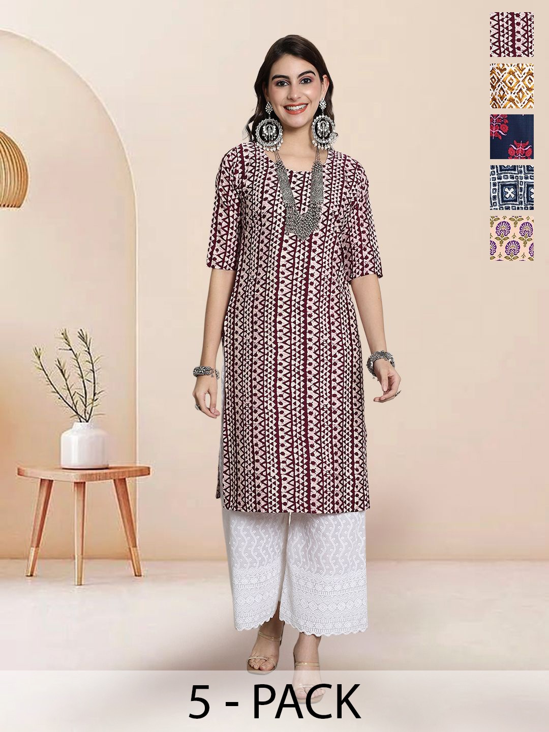 

7Threads Selection of 5 Ethnic Motifs Printed Round Neck Straight Kurtas, Off white