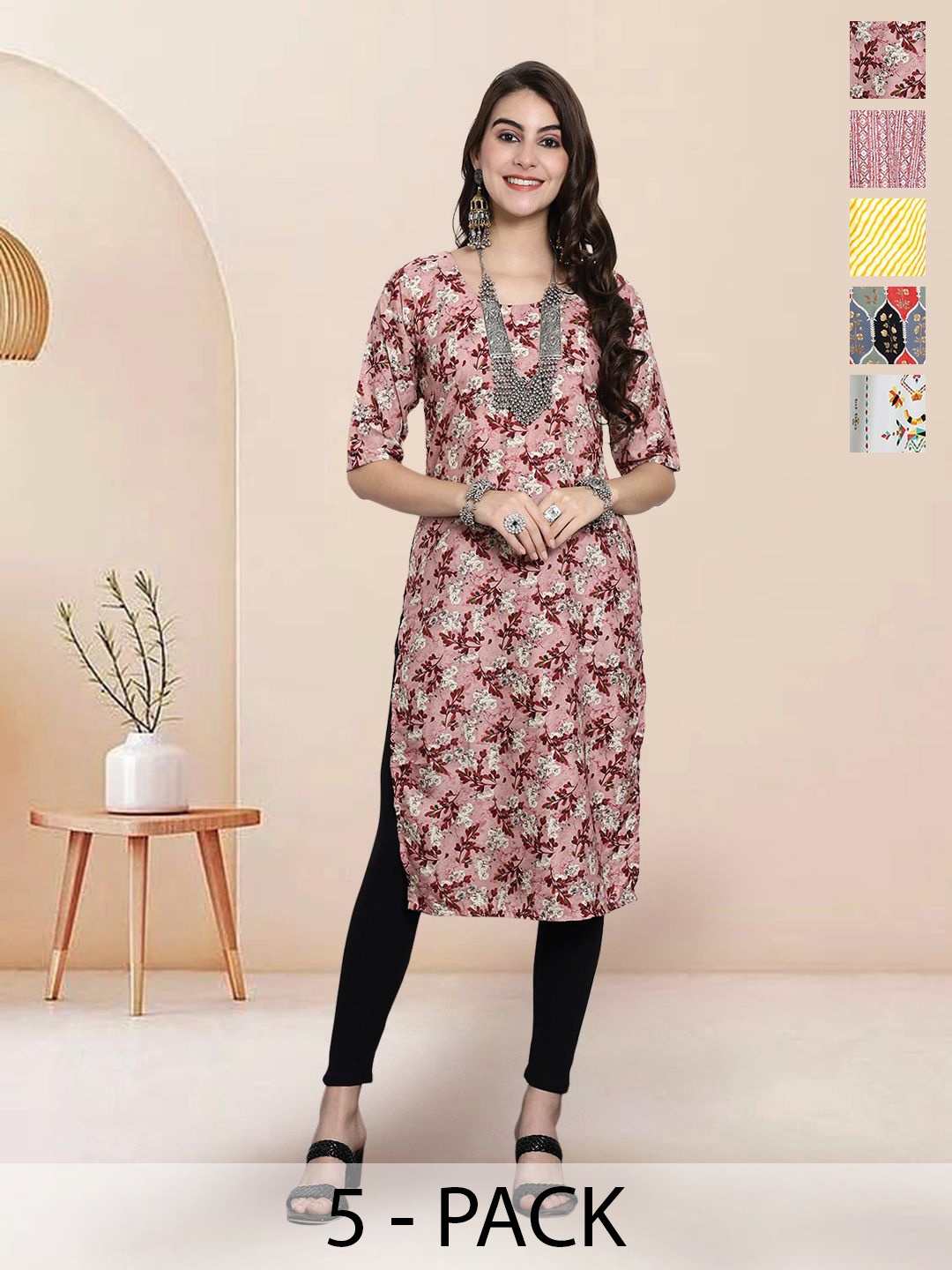 

7Threads Selection Of 5 Floral Printed Straight Kurtas, Pink