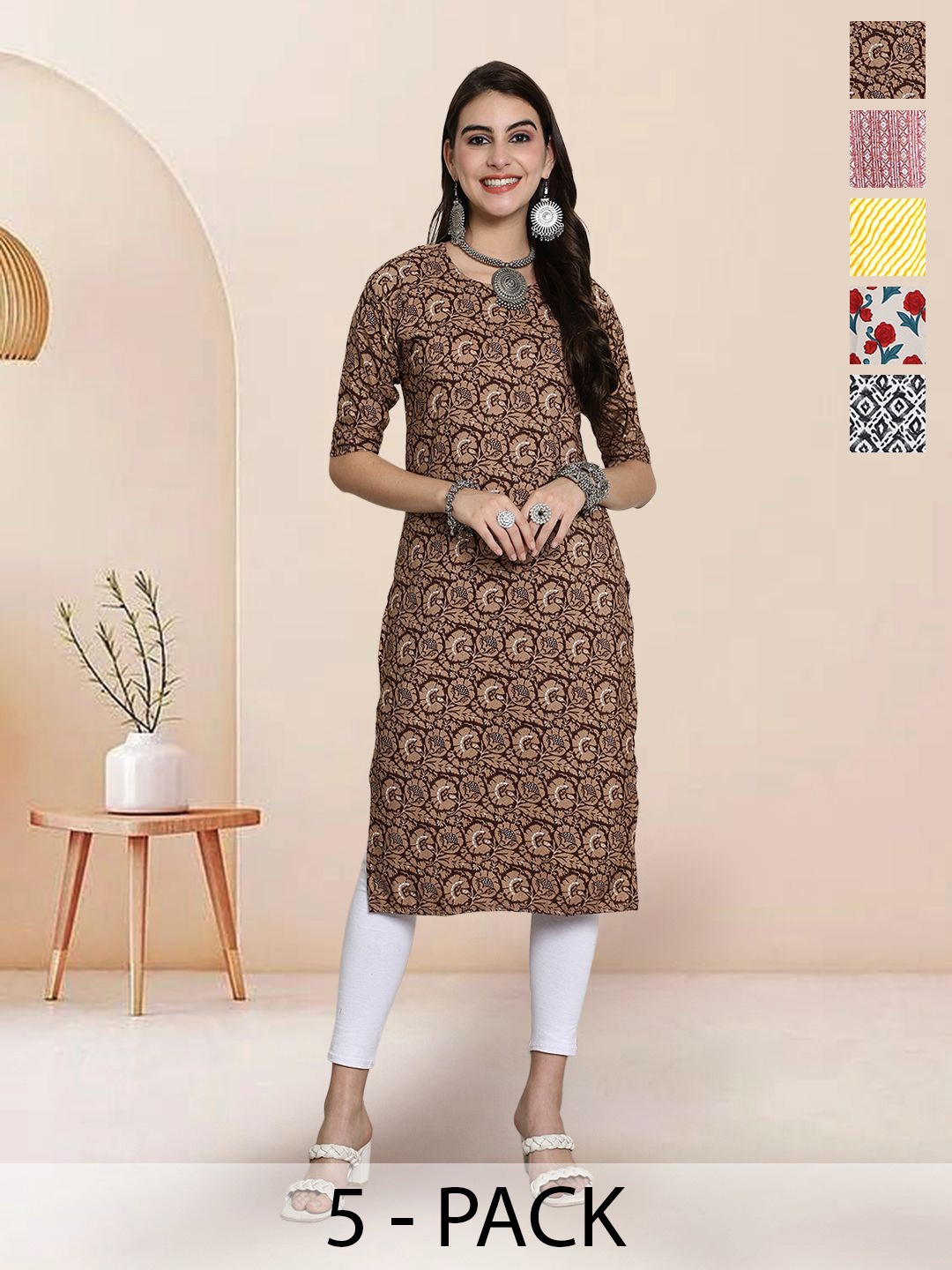 

7Threads Selection Of 5 Floral Printed Round Neck Straight Kurtas, Brown