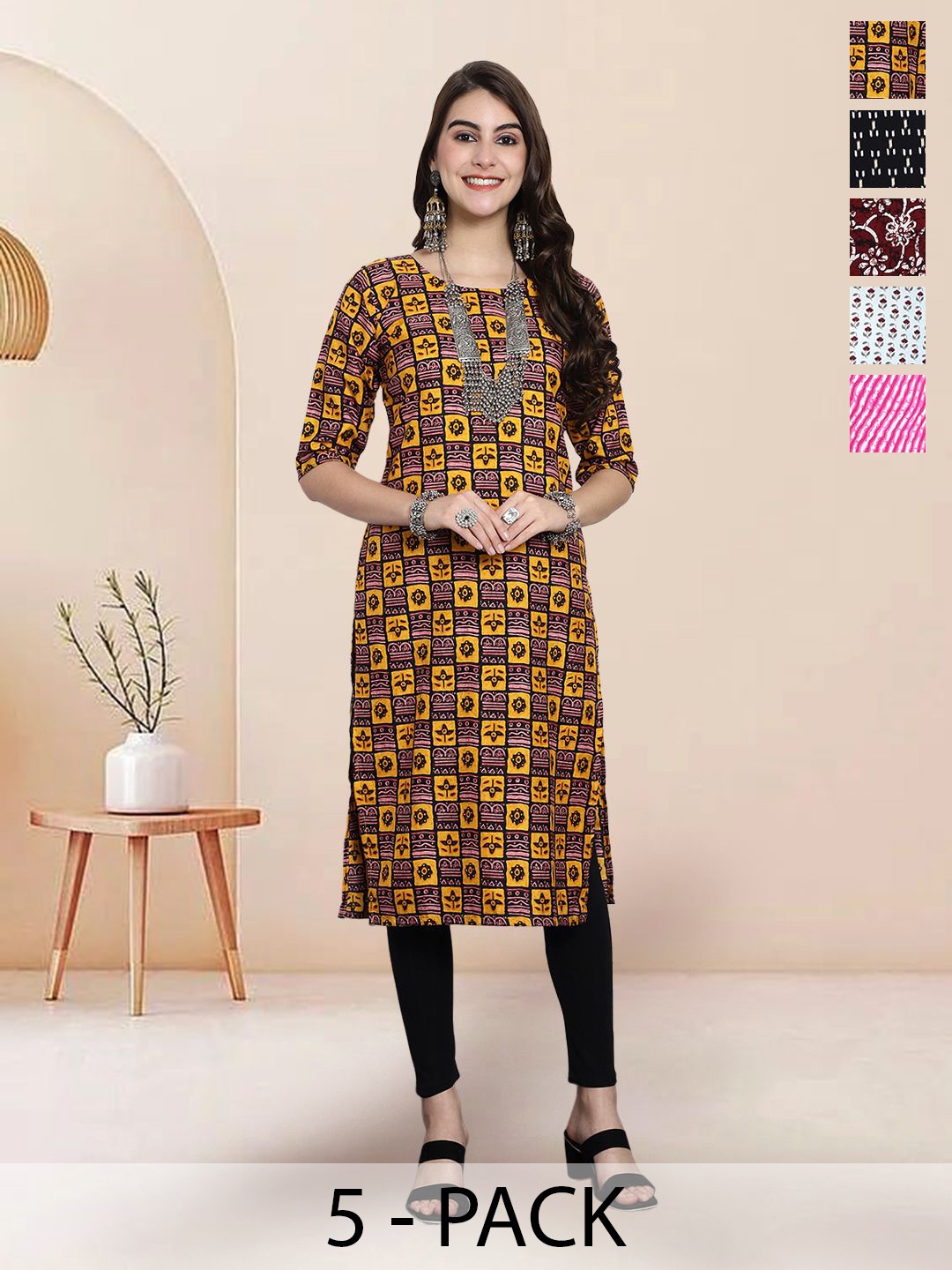 

7Threads Selection Of 5 Ethnic Motifs Printed Round Neck Straight Kurtas, Yellow