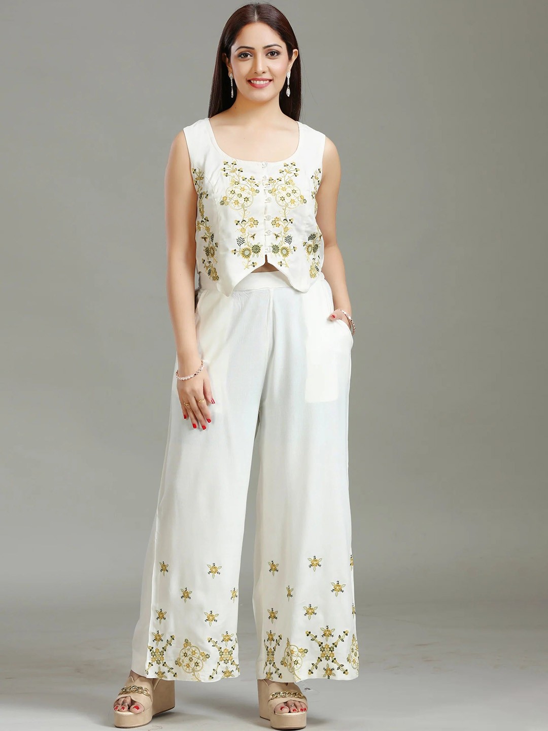 

COTTON CULTURE Embroidered Top With Palazzo Co-Ords, Off white