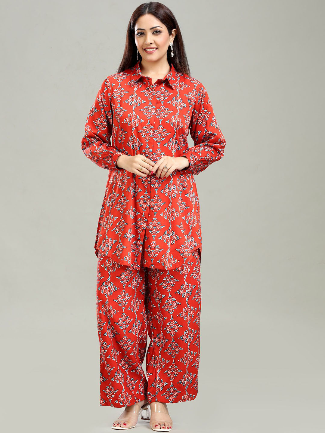 

COTTON CULTURE Printed Shirt Collar Neck Tunic With Palazzos Co-Ords, Red