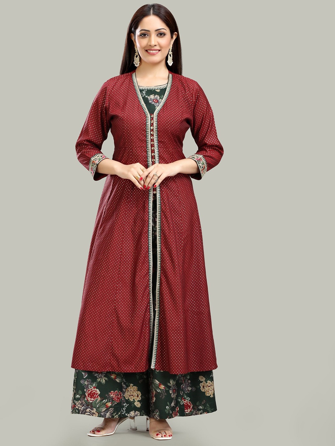 

COTTON CULTURE Floral Printed Round Neck A-line Kurta With Palazzo And Shrug, Maroon