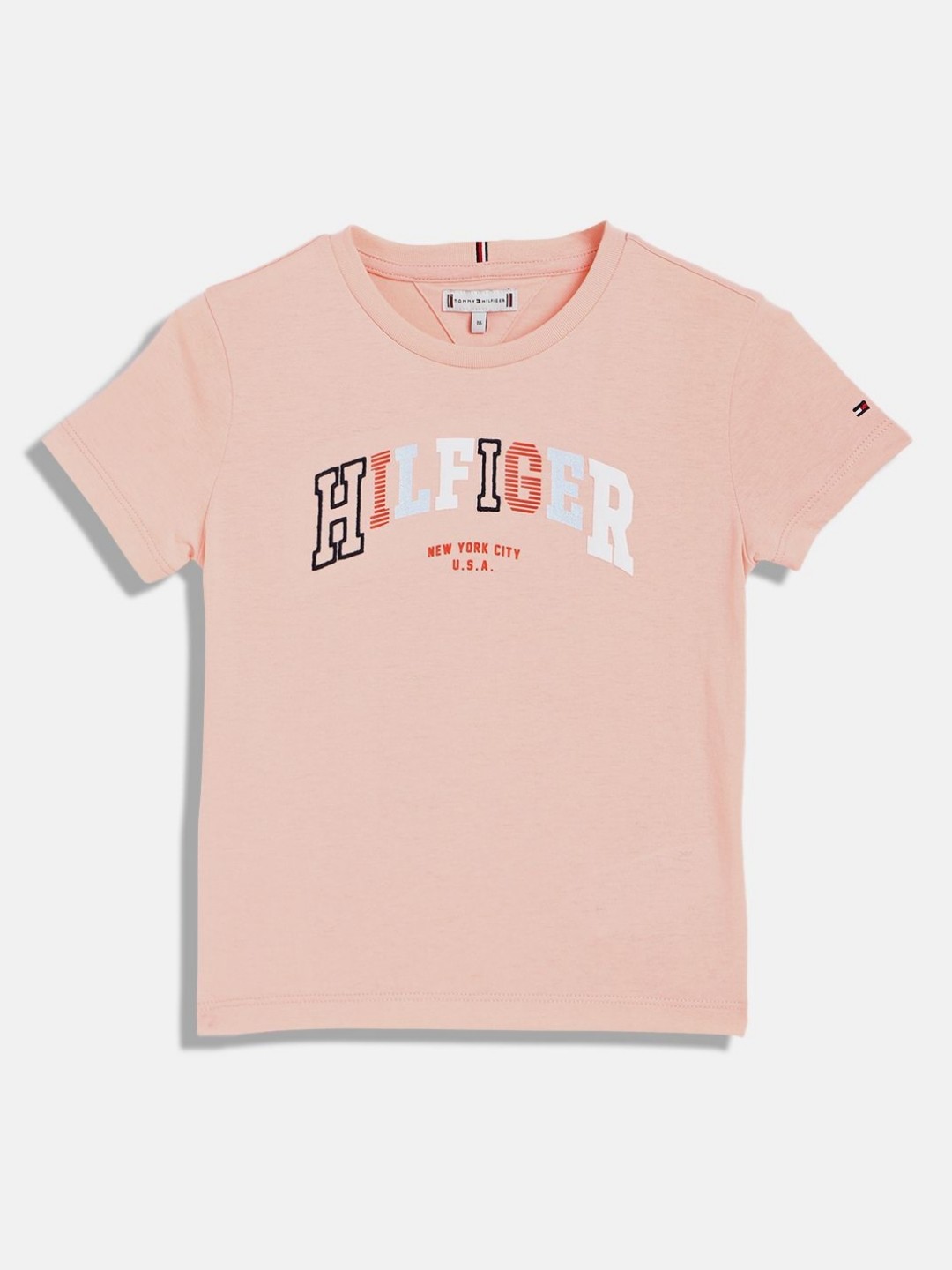 

Tommy Hilfiger Girls Typography Printed Round Neck Cotton T-shirt, Pink