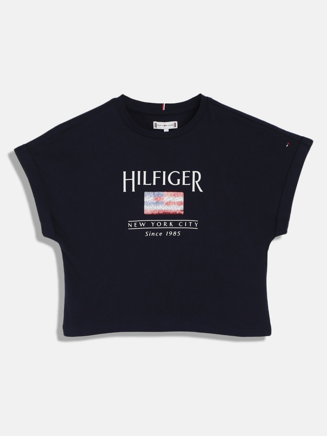 

Tommy Hilfiger Girls BG HILFIGER Typography Printed Round Neck Cotton Relaxed Fit T-shirt, Navy blue