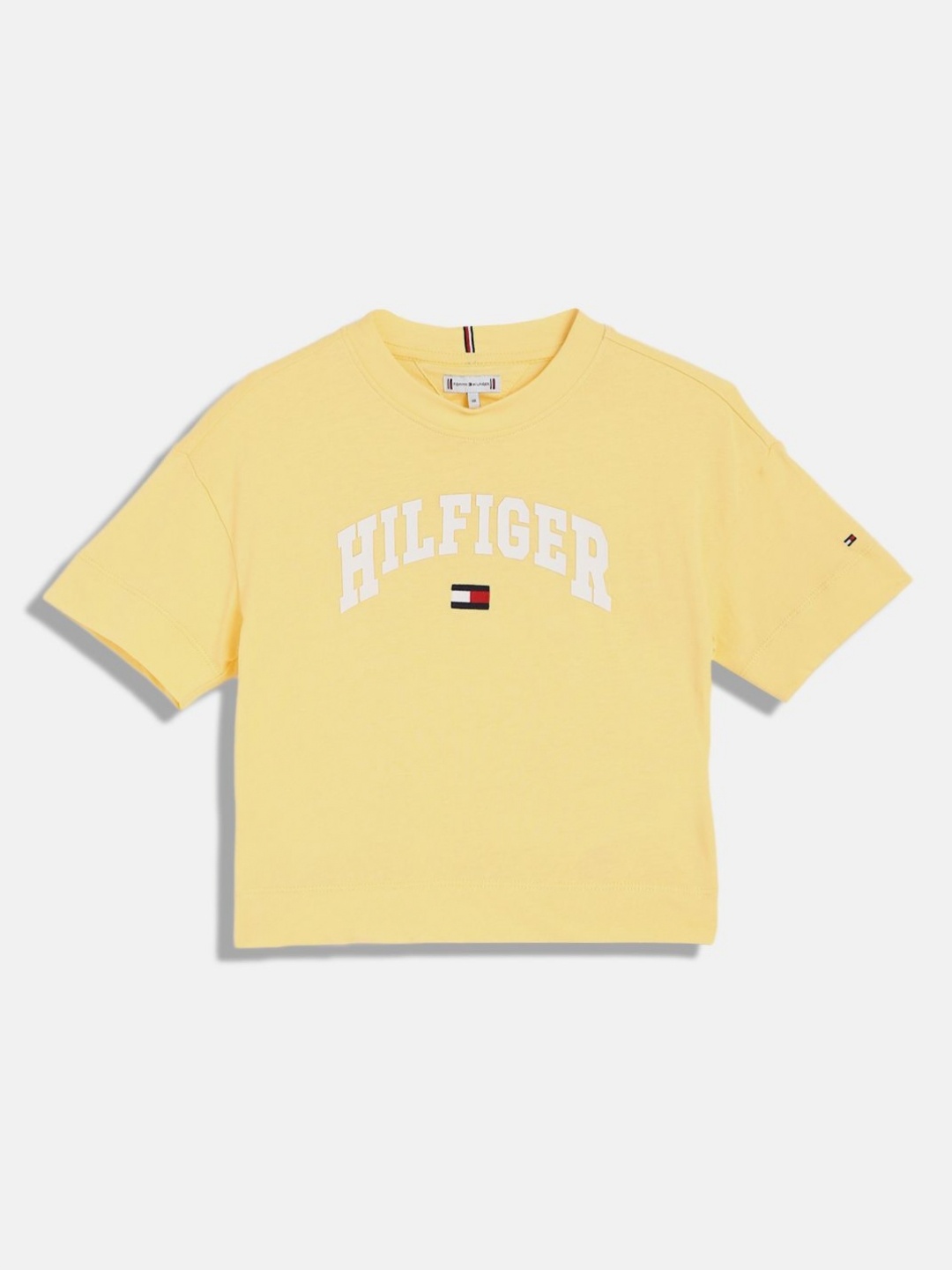 

Tommy Hilfiger Girls Typography Printed Round Neck Cotton T-shirt, Yellow