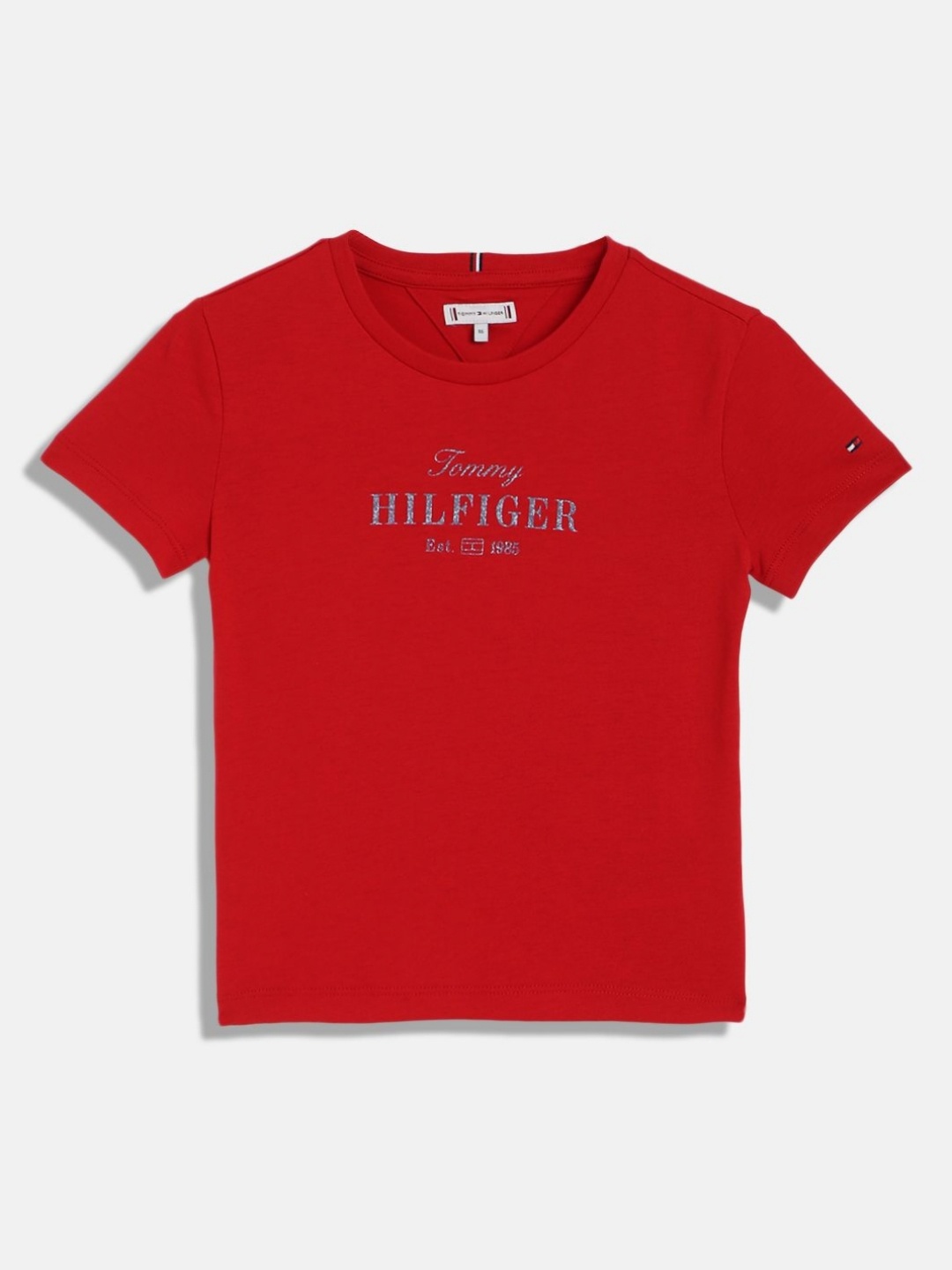 

Tommy Hilfiger Girls Typography Printed Round Neck Cotton T-shirt, Red