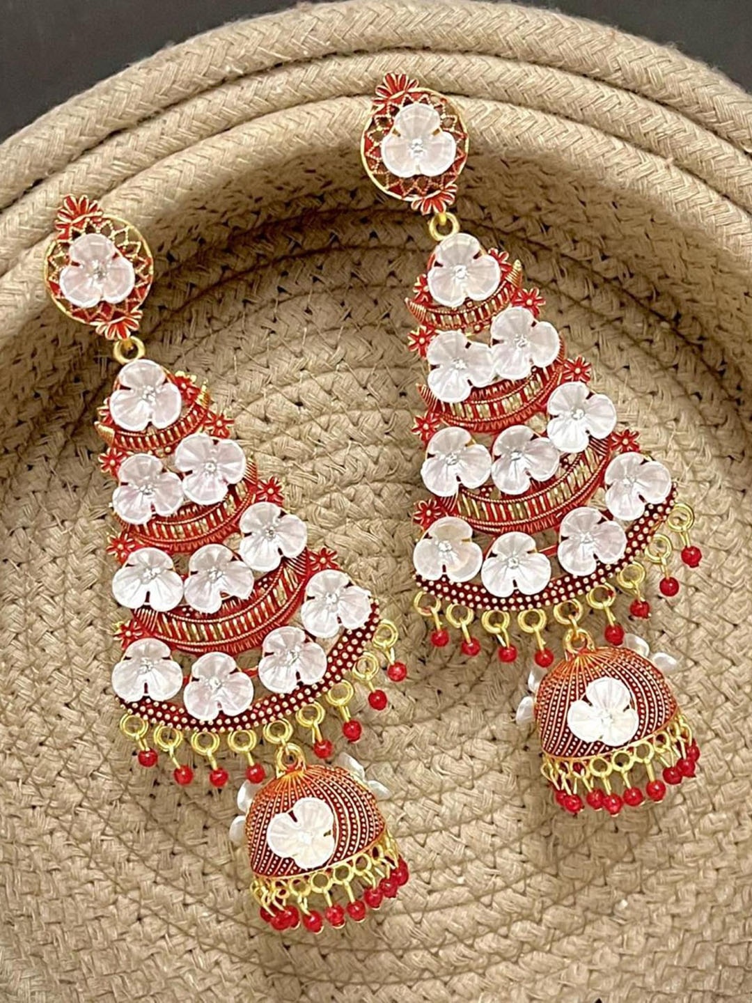 

TANLOOMS Gold-Plated Artificial Beaded Floral Enamelled Jhumkas