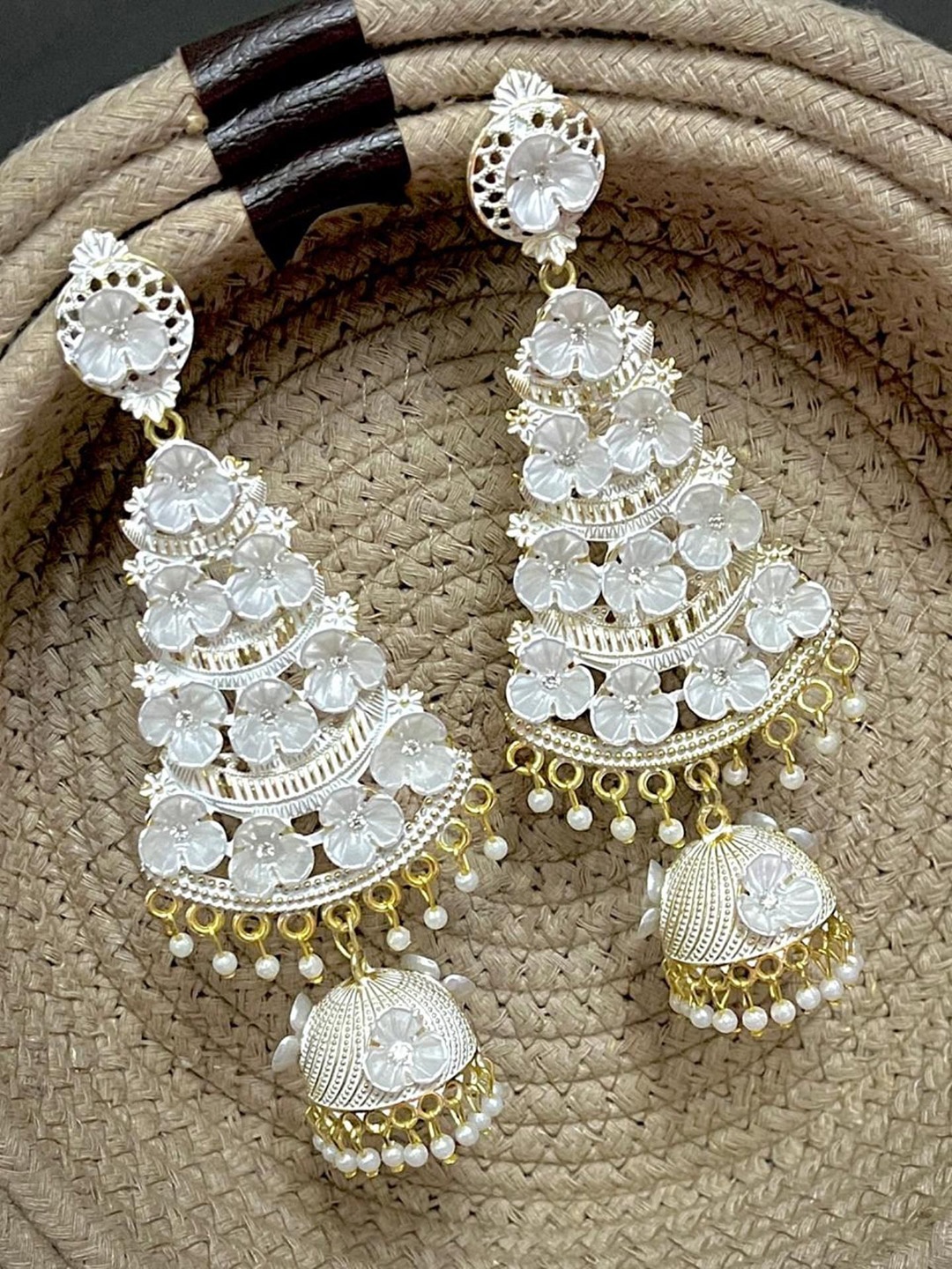 

TANLOOMS Gold-Plated Artificial Beaded Floral Enamelled Jhumkas, White