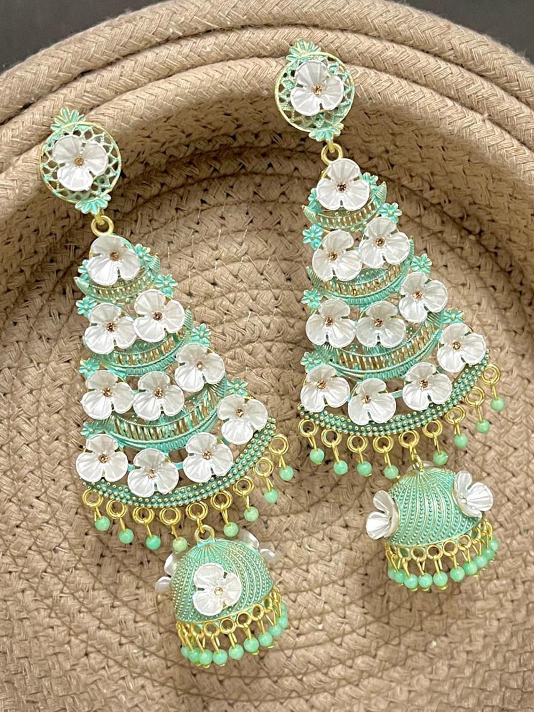 

TANLOOMS Gold-Plated Artificial Beaded Floral Enamelled Drop Earrings, Sea green