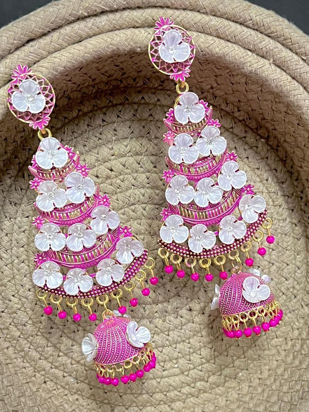 

TANLOOMS Gold-Plated Artificial Stones Studded & Beaded Floral Enamelled Jhumkas