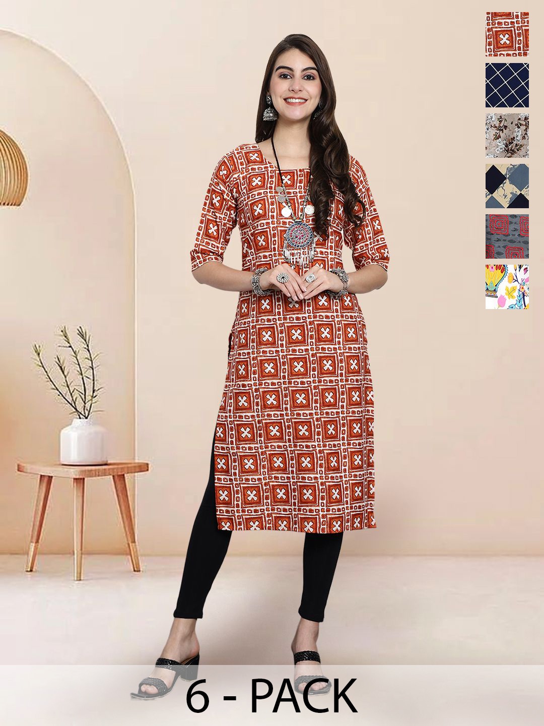 

7Threads Selection Of 6 Ethnic Motifs Printed Round Neck Kurtas, Orange