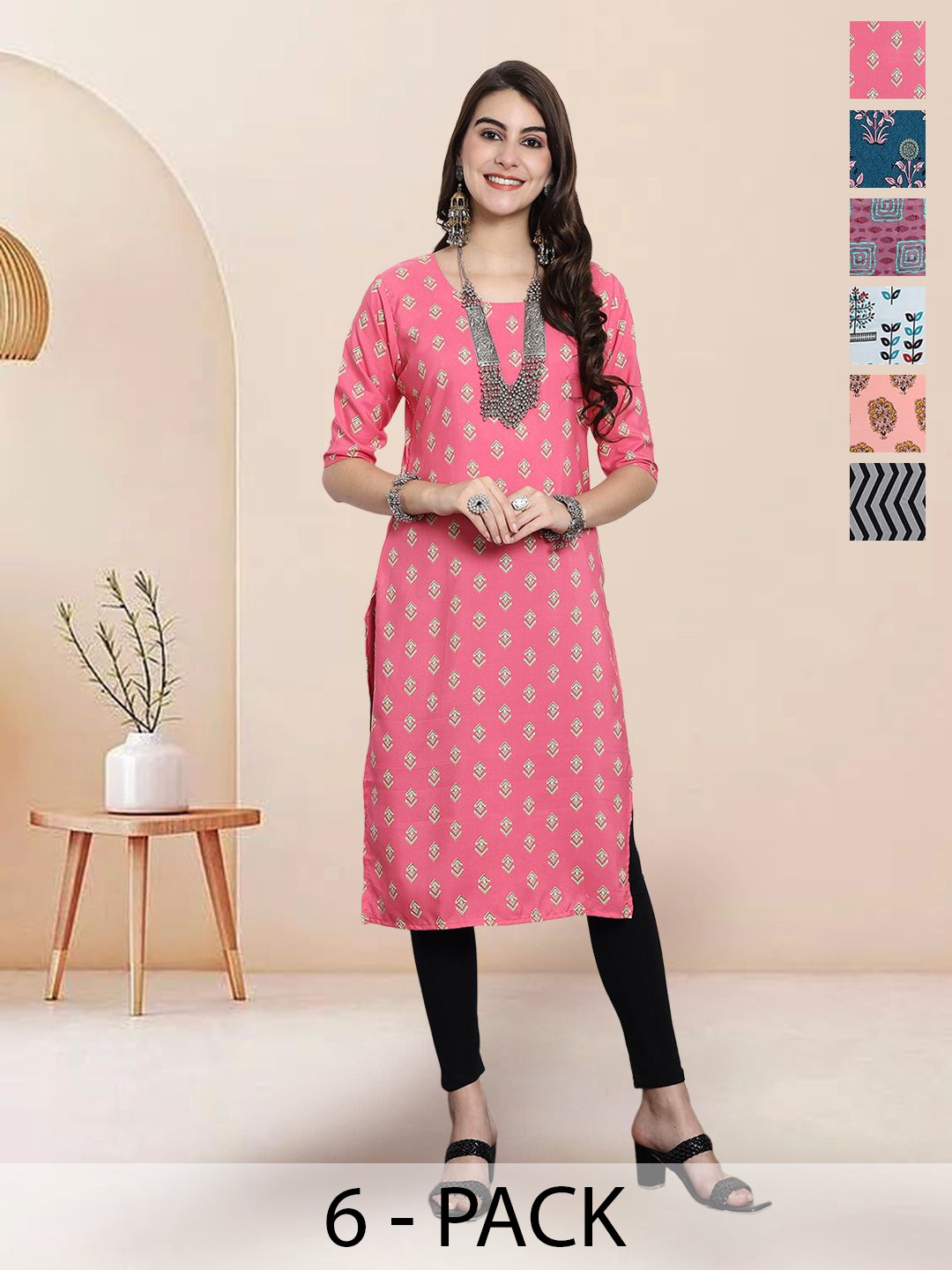 

7Threads Selection Of 6 Ethnic Motifs Printed Round Neck Straight Kurtas, Pink