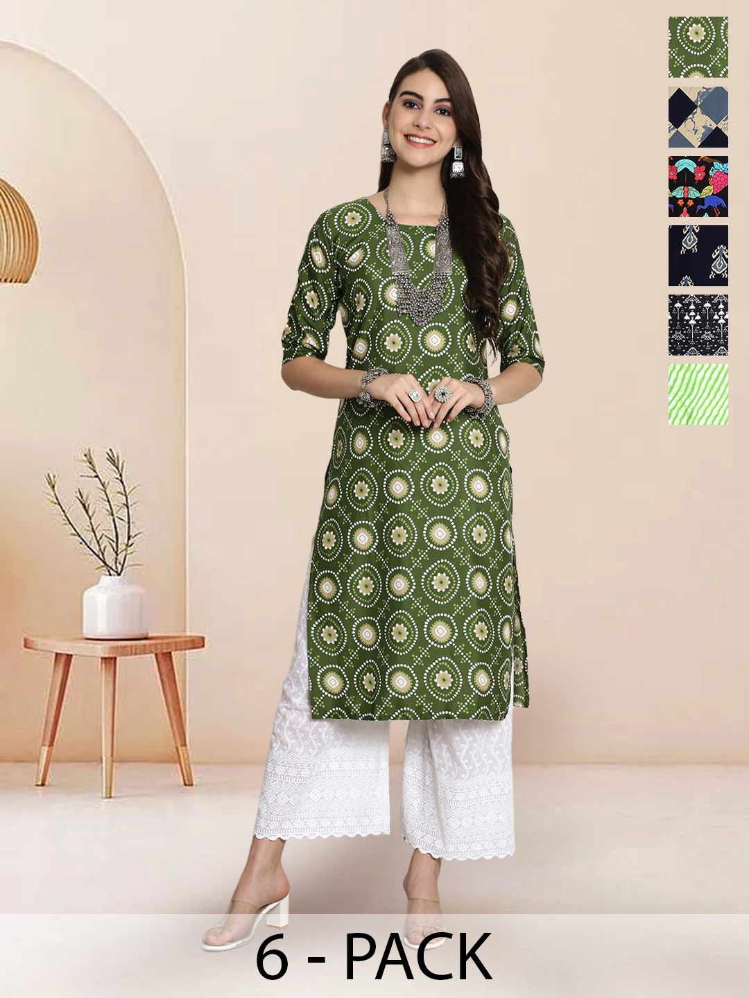 

7Threads Selection of 6 Ethnic Motifs Printed Round Neck Straight Kurtas, Green