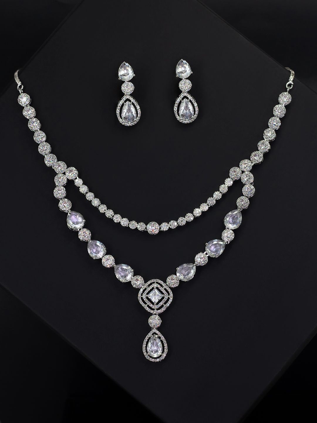 

PRIVIU Rhodium Plated Double Layered & Teardrop American Diamond-Studded Jewellery Set, Silver
