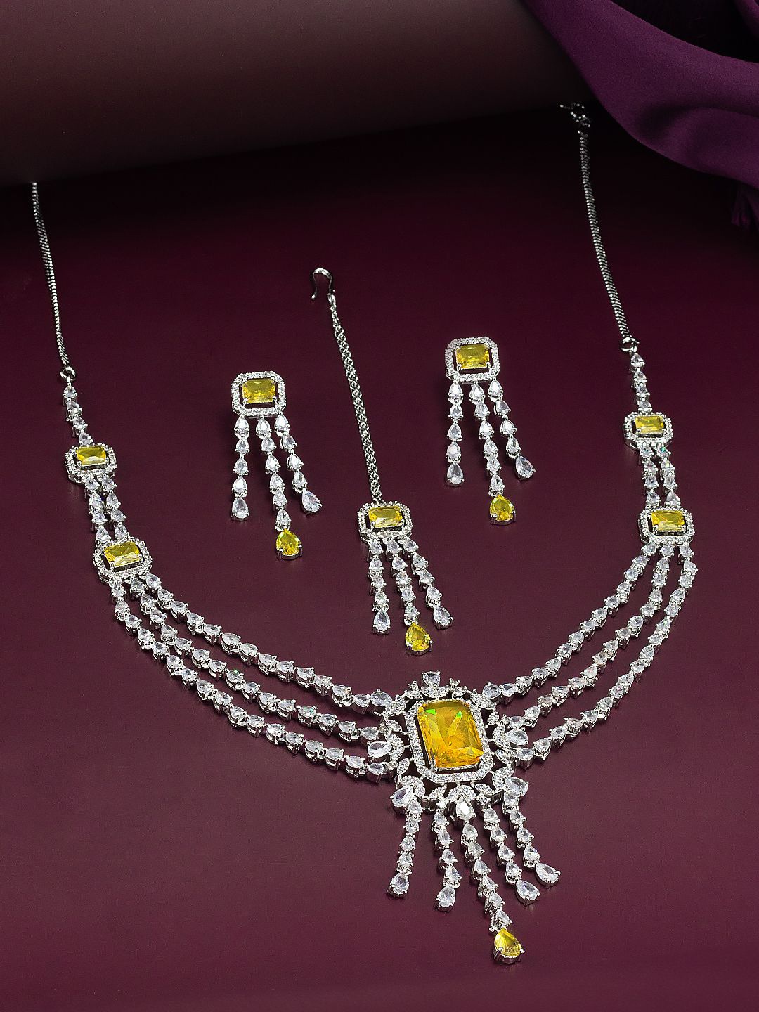 

PRIVIU Rhodium Plated Yellow Three Layered American Diamond-Studded Jewellery Set, Silver