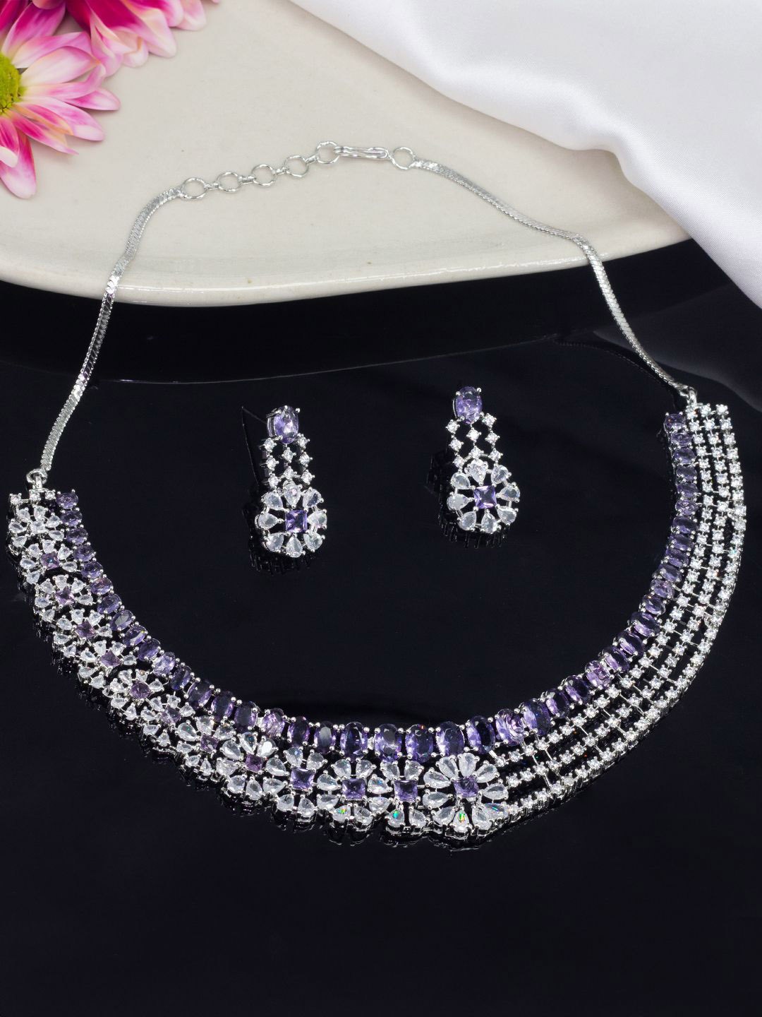 

PRIVIU Rhodium Plated AD Stone Studded Jewellery Set, Silver