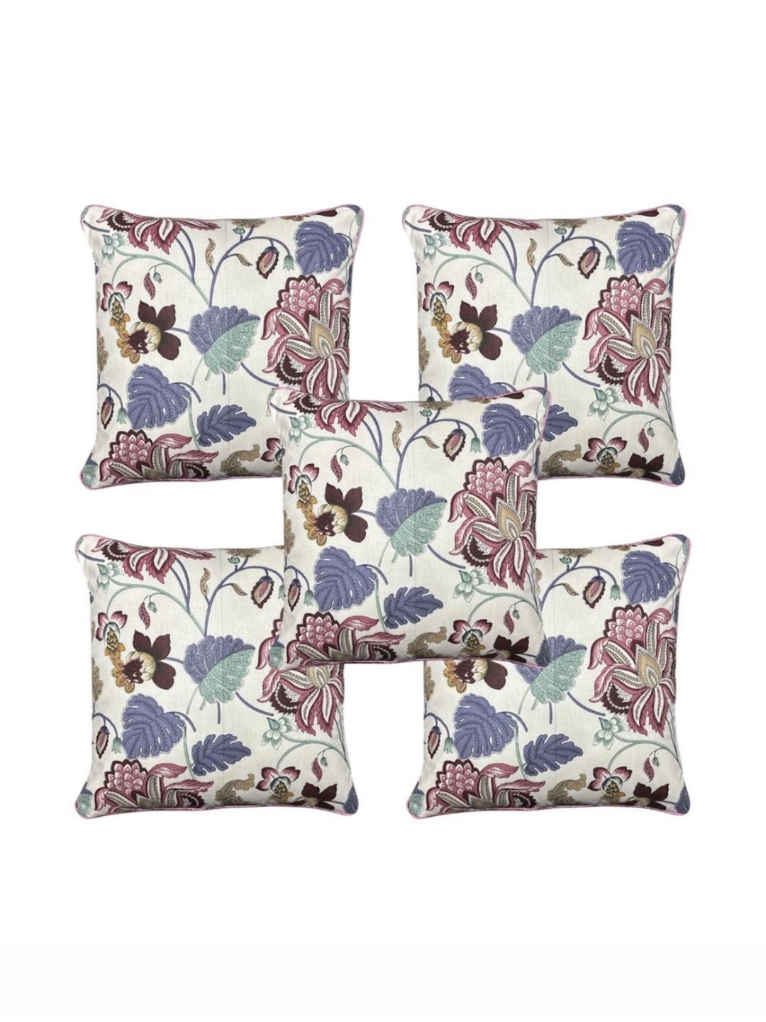 

TANLOOMS White & Purple 5 Pieces Floral Printed Cotton Square Cushion Covers