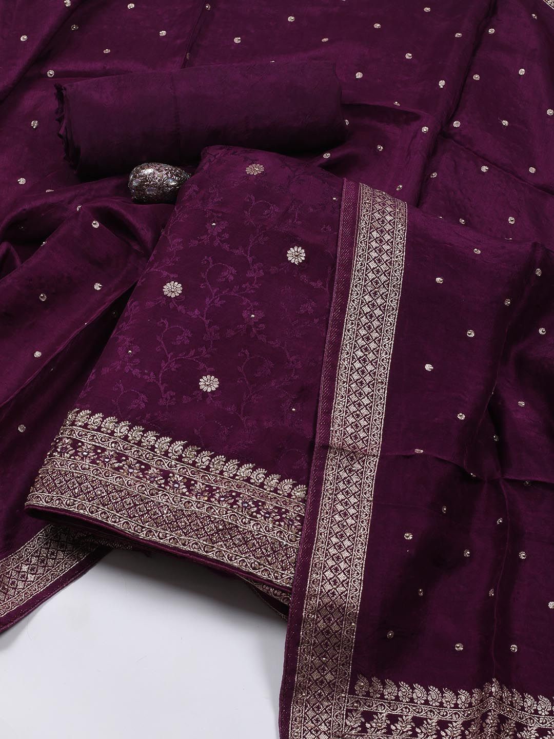 

Meena Bazaar Floral Woven Design Zari Work Unstitched Dress Material, Purple
