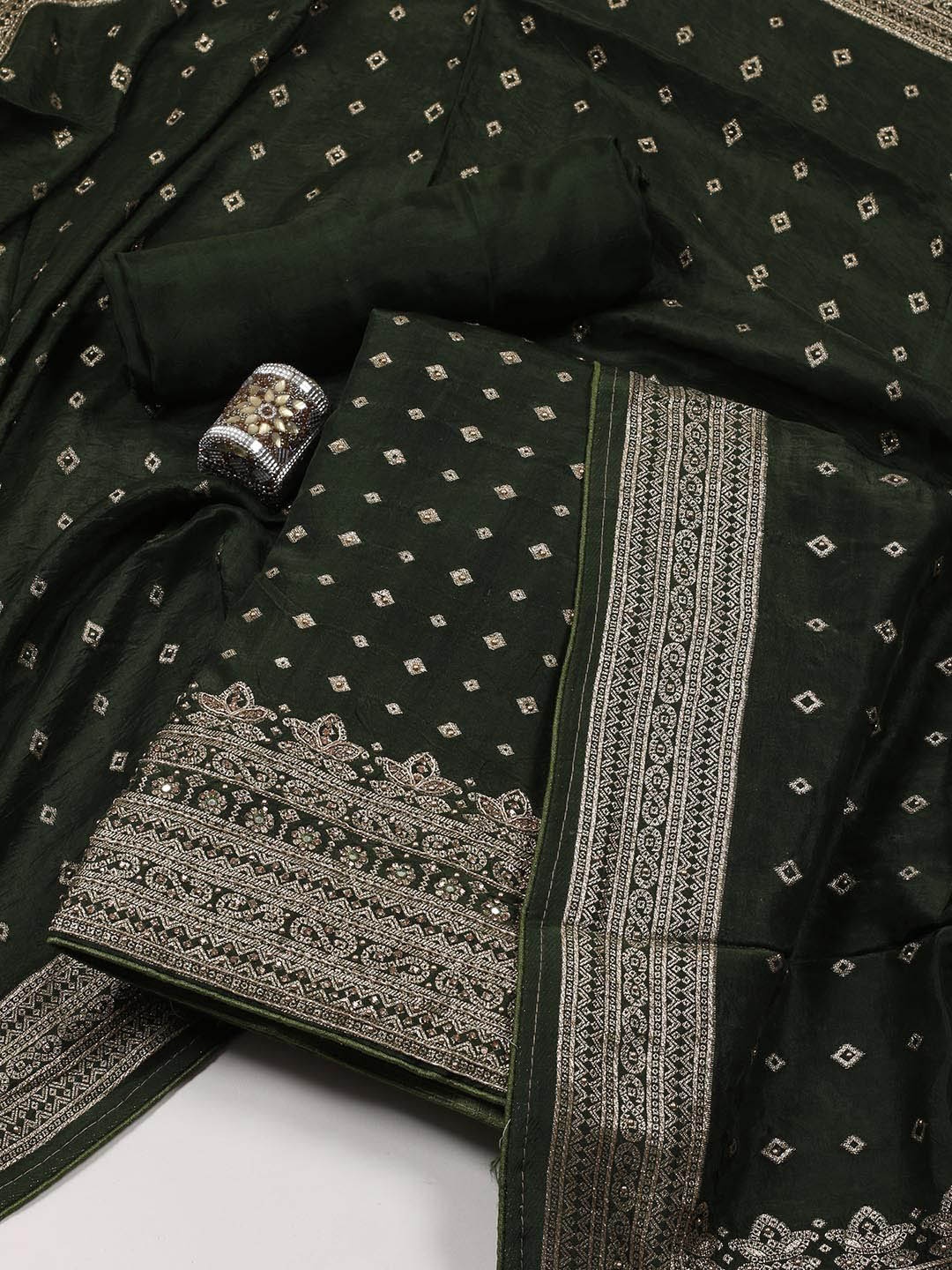 

Meena Bazaar Floral Woven Design Zari Work Unstitched Dress Material, Green