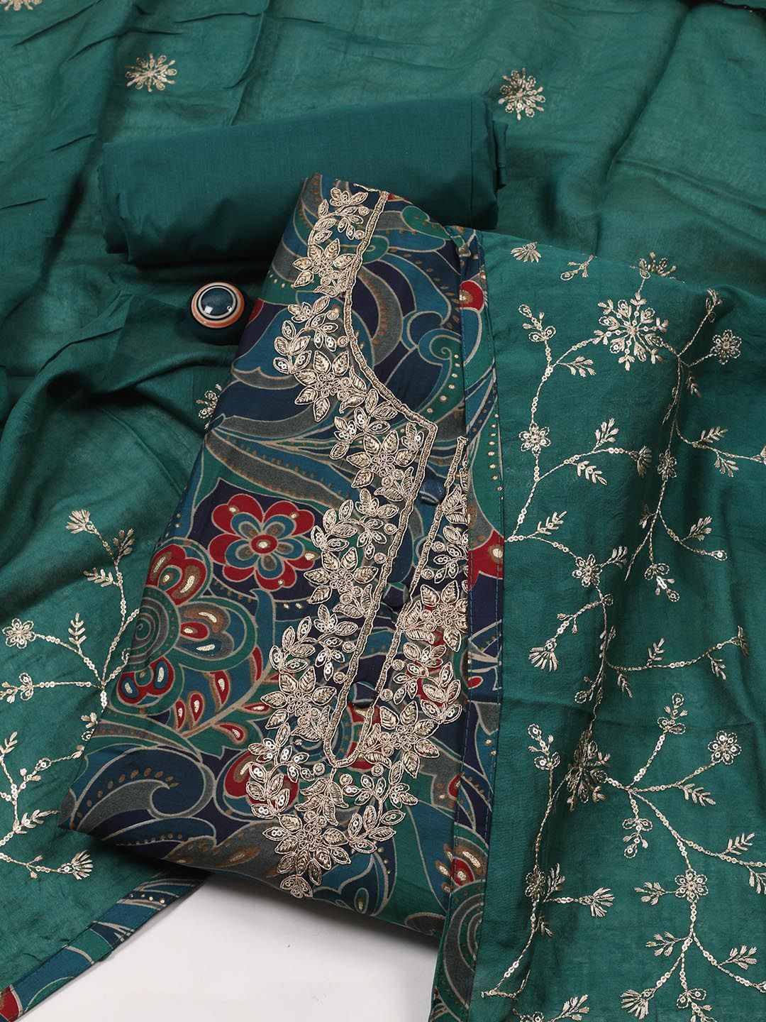 

Meena Bazaar Floral Printed Sequinned Cotton Unstitched Dress Material, Teal
