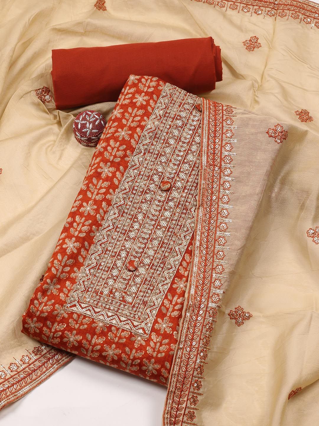

Meena Bazaar Floral Printed Sequinned Cotton Unstitched Dress Material, Rust
