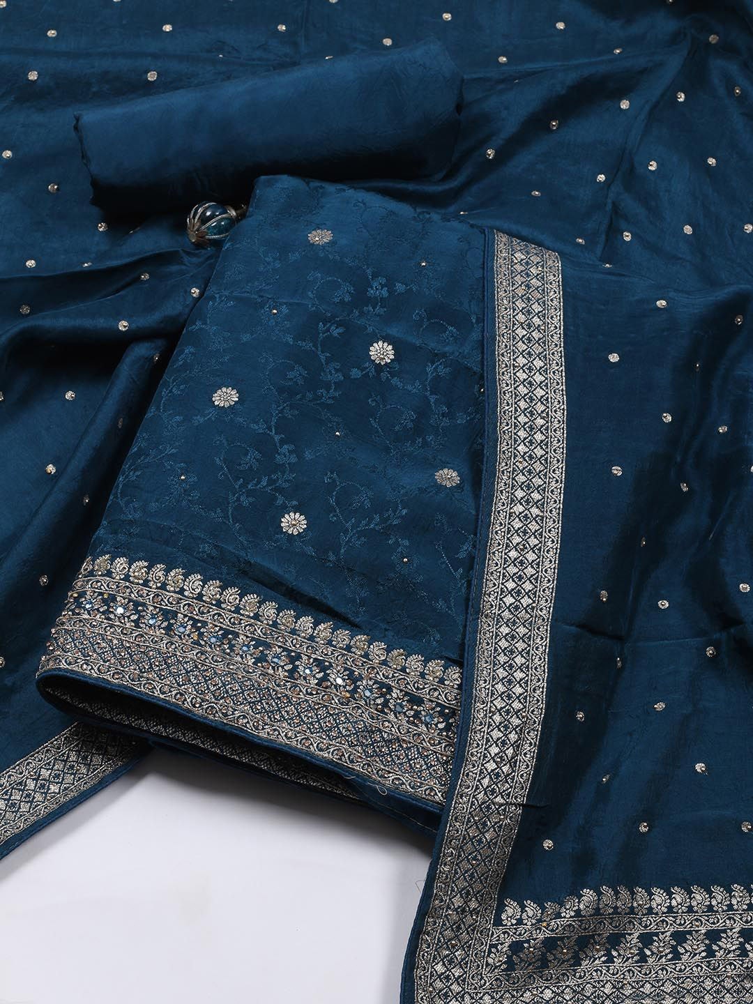 

Meena Bazaar Floral Woven Design Zari Work Unstitched Dress Material, Teal