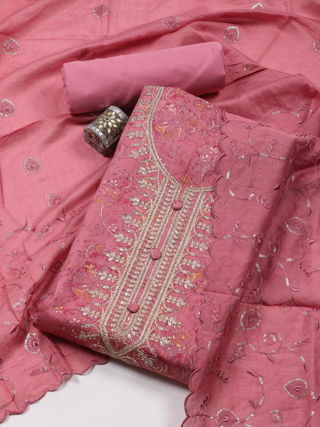 

Meena Bazaar Floral Printed Sequinned Cotton Unstitched Dress Material, Pink