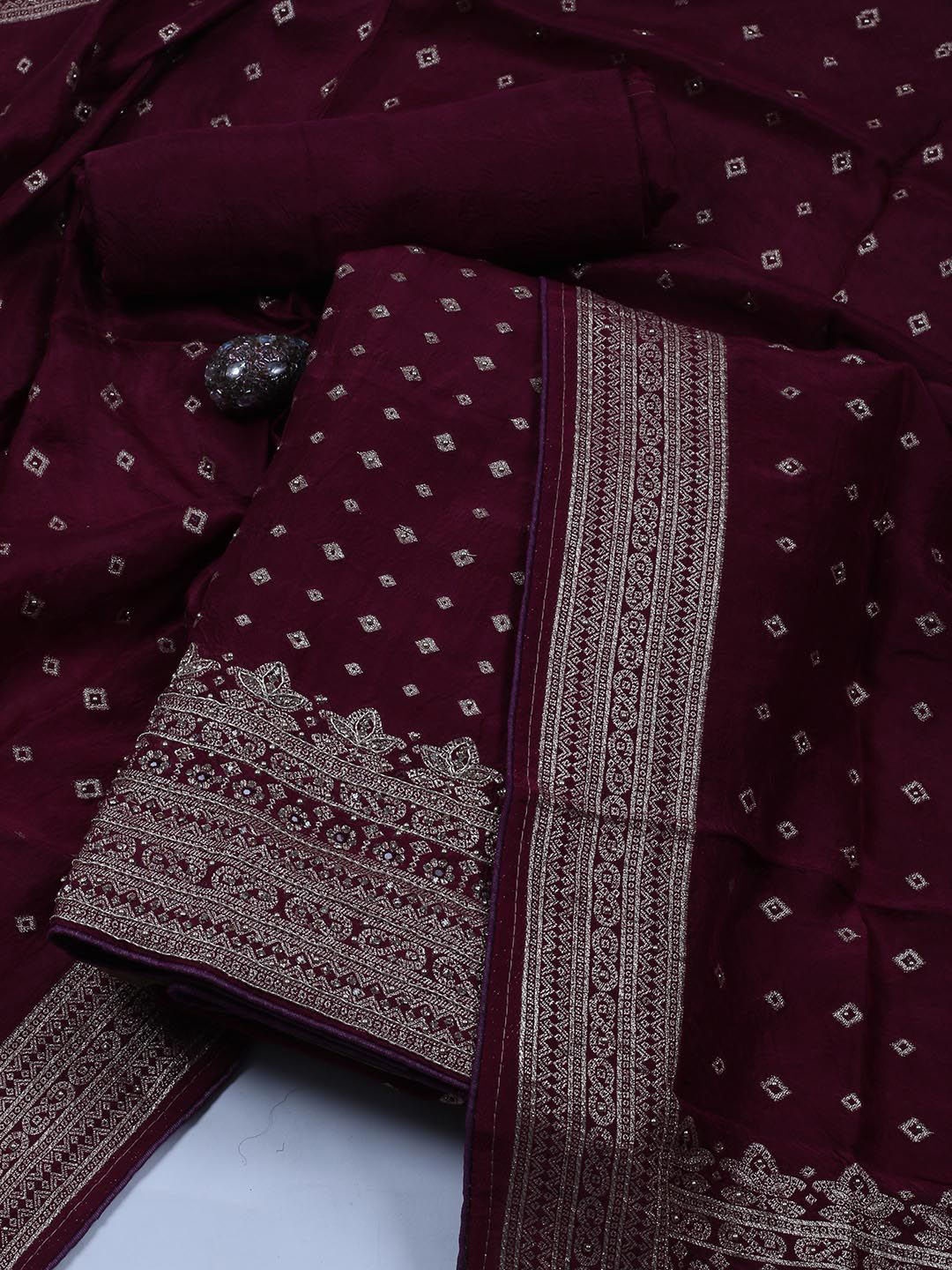 

Meena Bazaar Floral Woven Design Zari Work Unstitched Dress Material, Burgundy