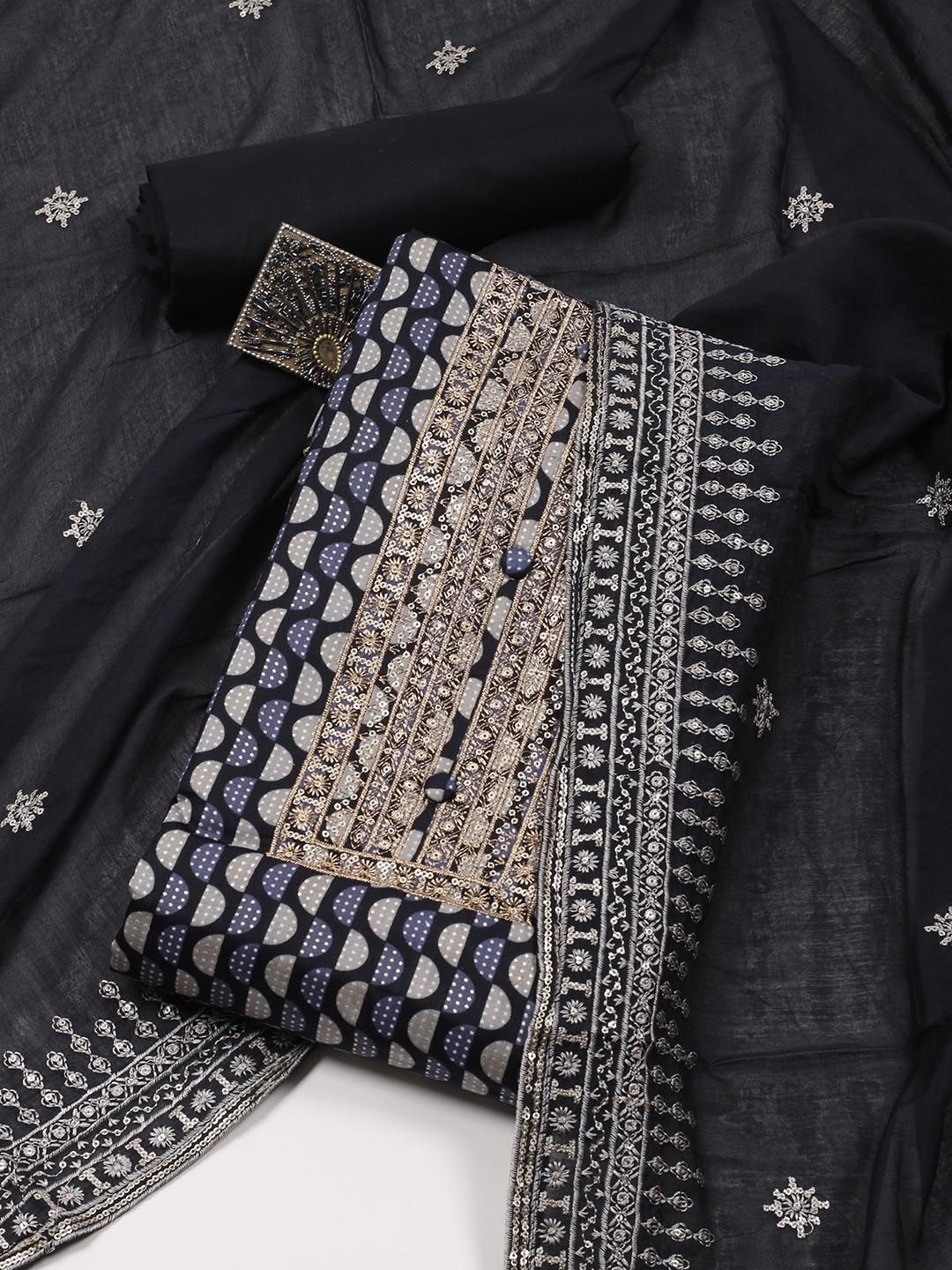 

Meena Bazaar Geometric Printed Sequinned Cotton Unstitched Dress Material, Blue