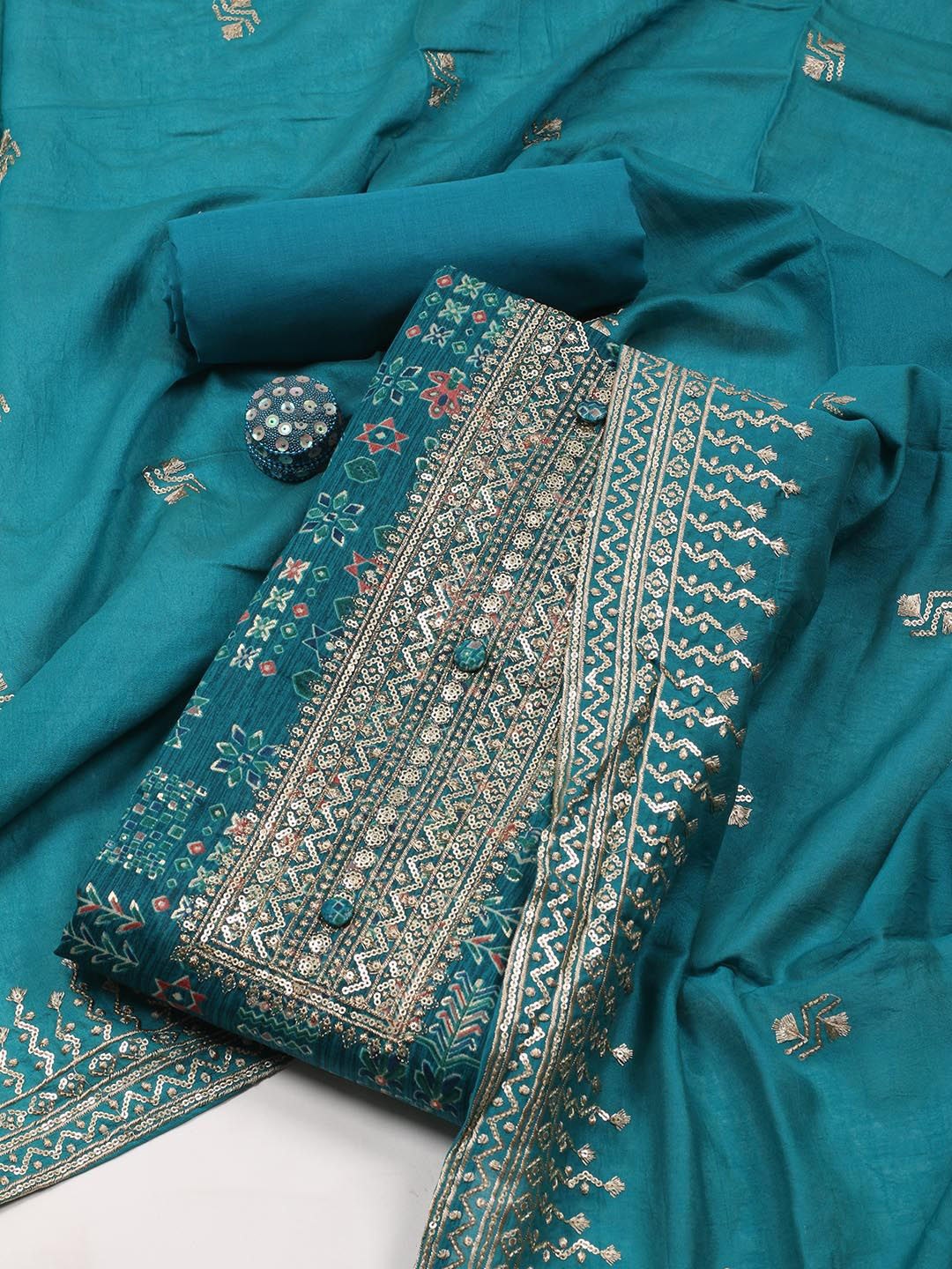 

Meena Bazaar Floral Printed Sequinned Cotton Unstitched Dress Material, Blue