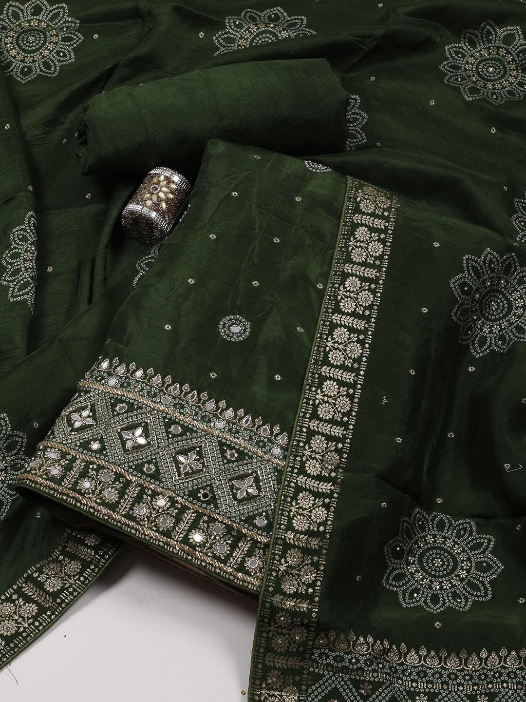 

Meena Bazaar Floral Woven Design Zari Work Unstitched Dress Material, Green