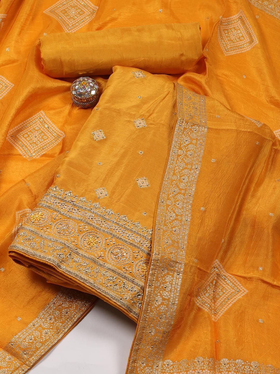 

Meena Bazaar Floral Woven Design Zari Work Unstitched Dress Material, Mustard