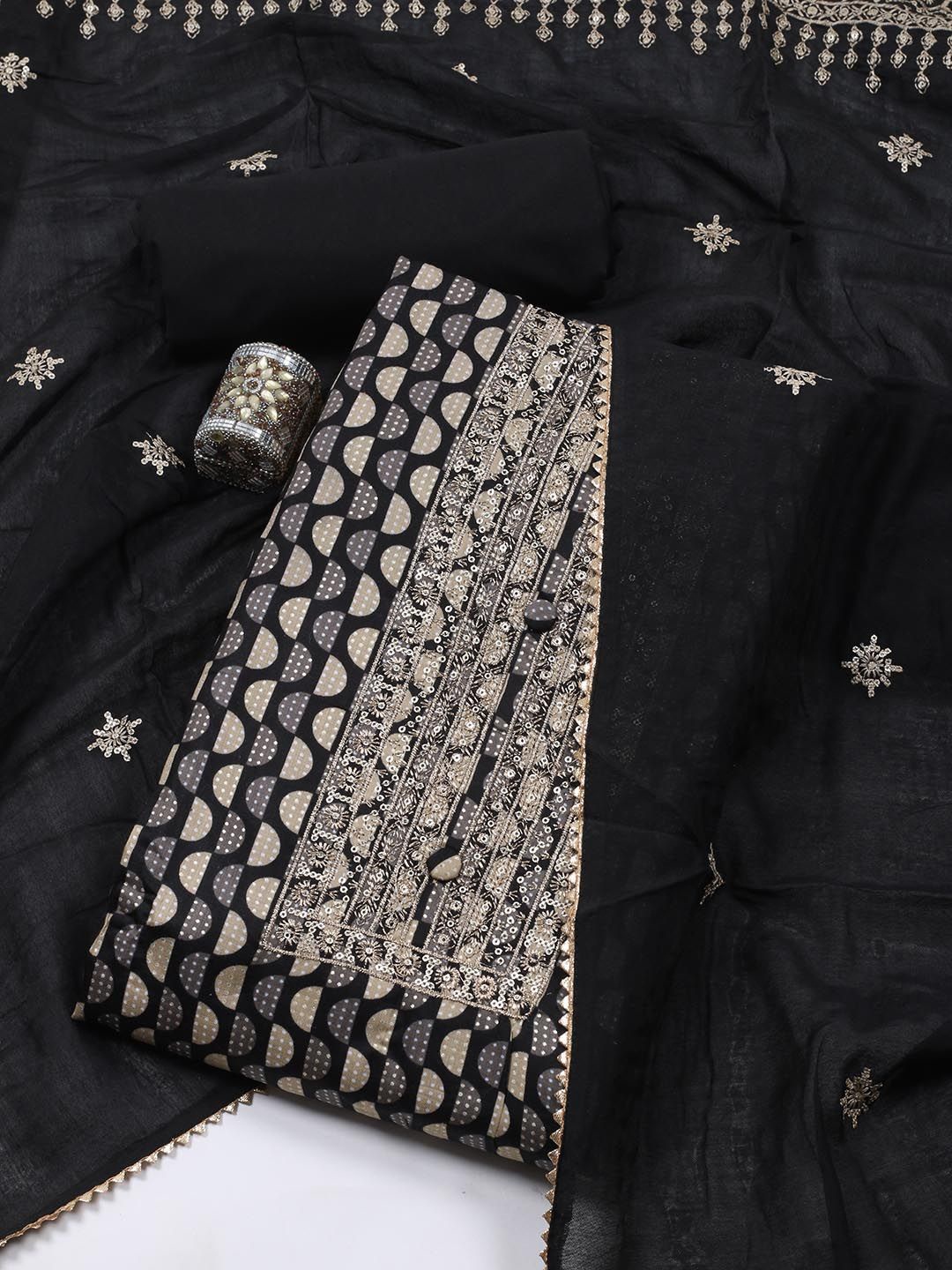 

Meena Bazaar Geometric Printed Sequinned Cotton Unstitched Dress Material, Black