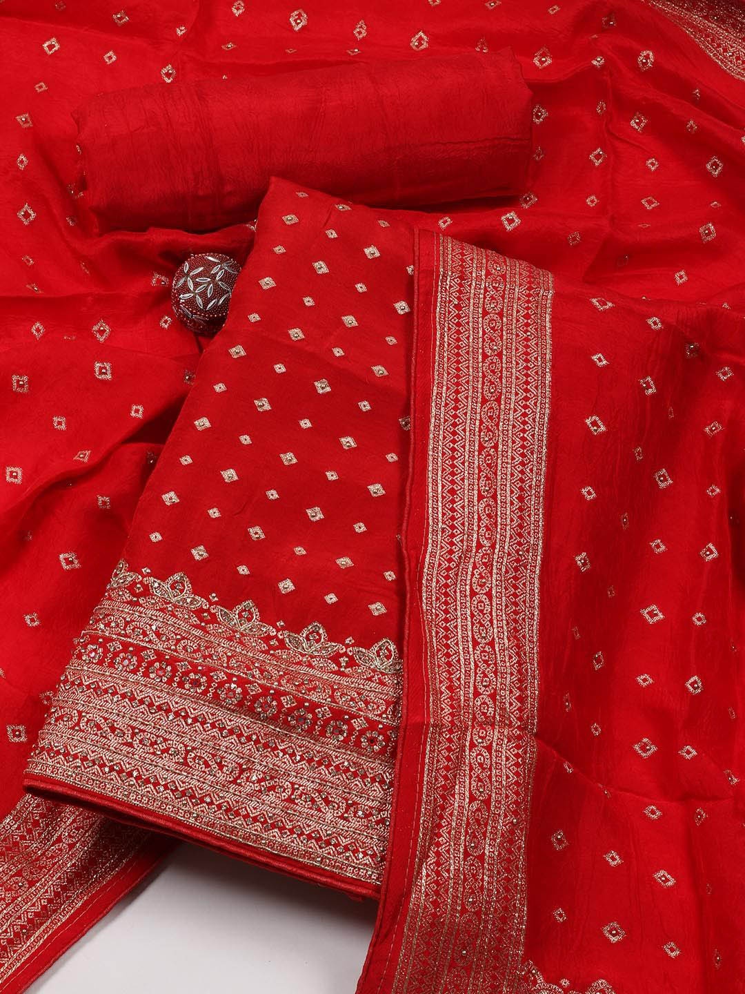 

Meena Bazaar Floral Woven Design Zari Work Unstitched Dress Material, Red
