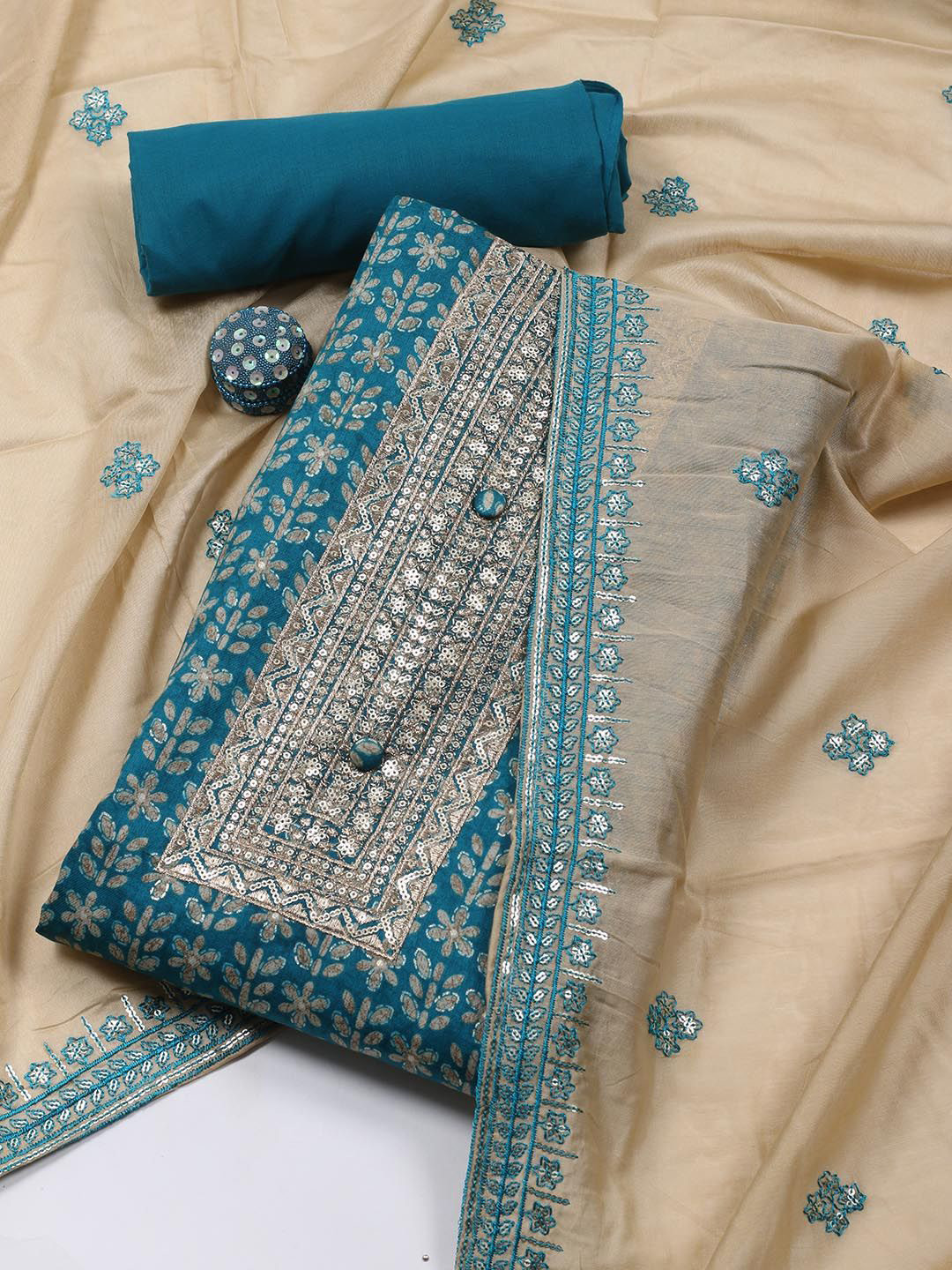 

Meena Bazaar Floral Printed Sequinned Cotton Unstitched Dress Material, Blue