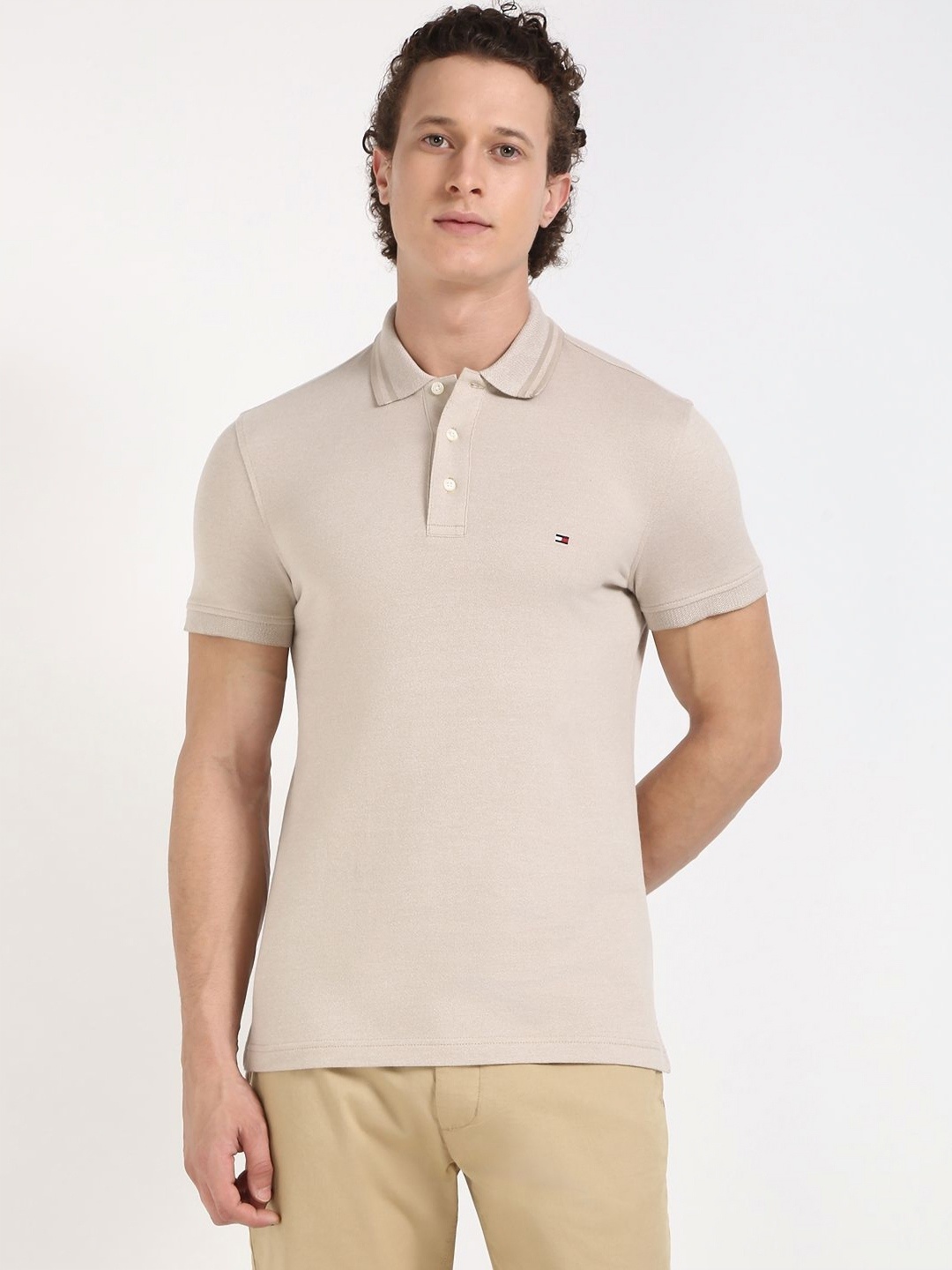 Tommy Hilfiger Men Solid Polo Collar Cotton T-shirt, Beige