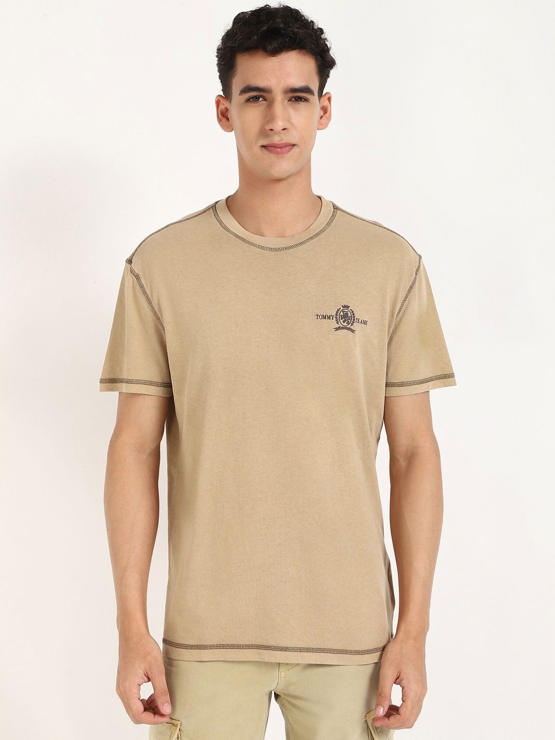 Tommy Hilfiger Men Solid Round Neck Cotton T-shirt, Brown