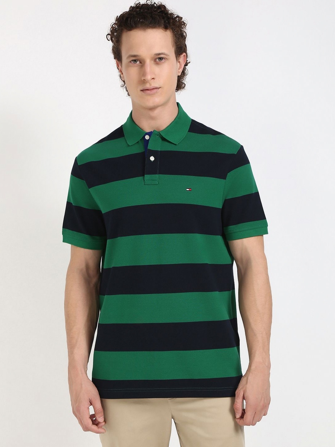 

Tommy Hilfiger Men Striped Polo Collar Cotton T-shirt, Green