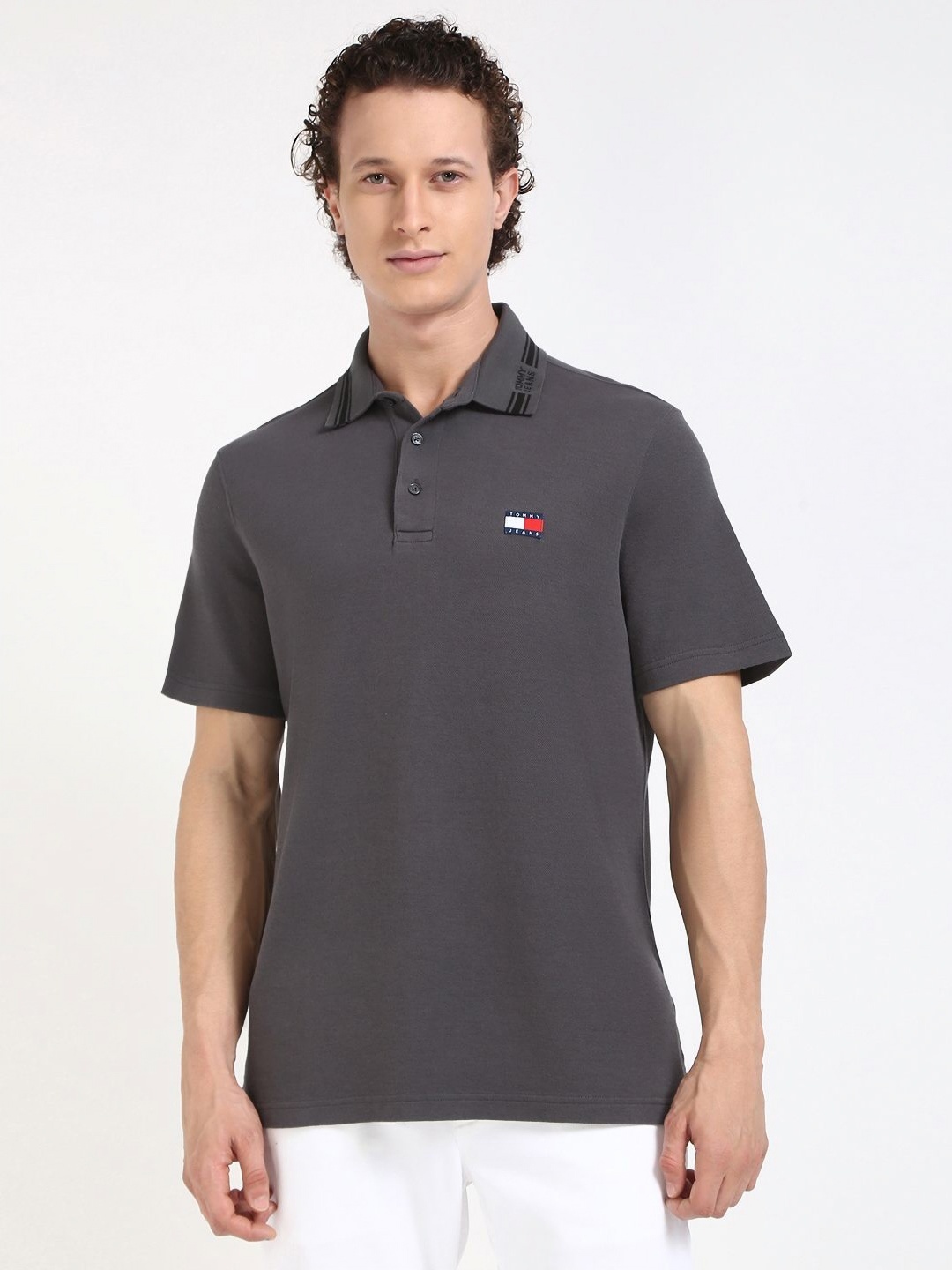 Tommy Hilfiger Men Solid Polo Collar Cotton T-shirt, Grey