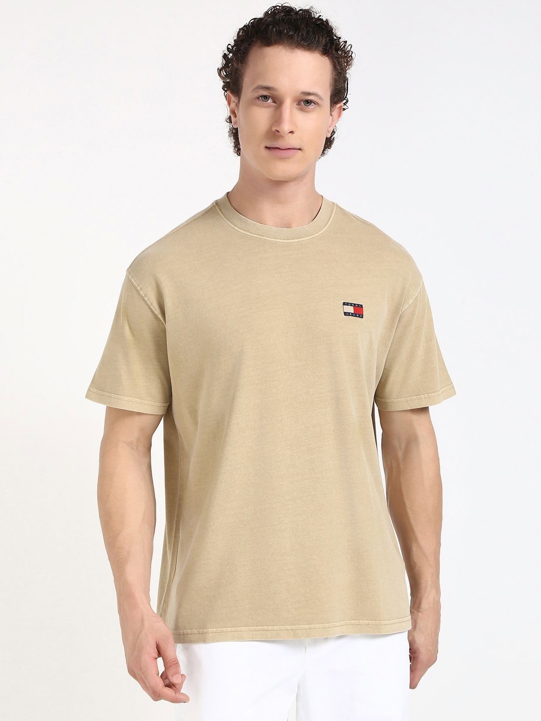Tommy Hilfiger Men Solid Round Neck Cotton T-shirt, Beige