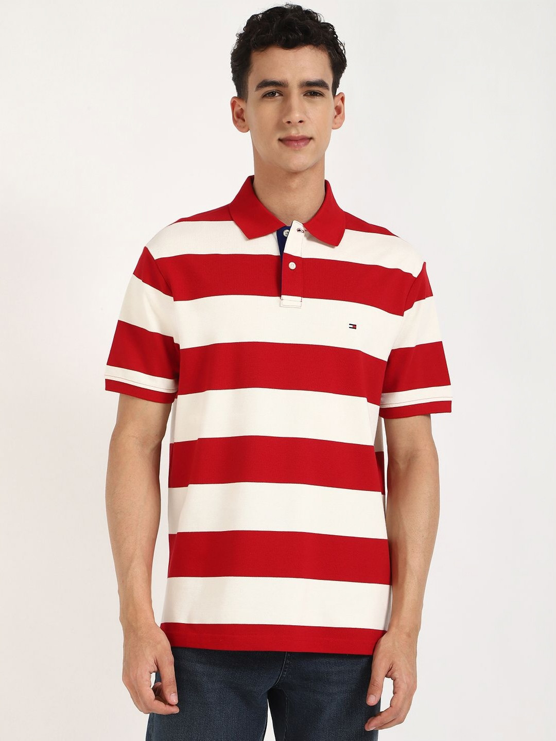 

Tommy Hilfiger Men Striped Polo Collar Cotton T-shirt, Red