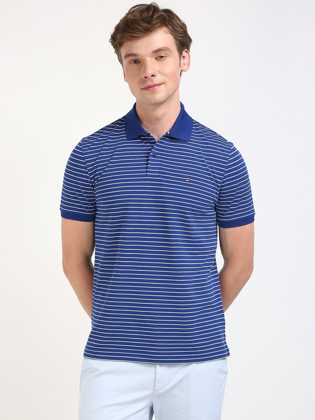 

Tommy Hilfiger Men Striped Polo Collar Cotton T-shirt, Blue